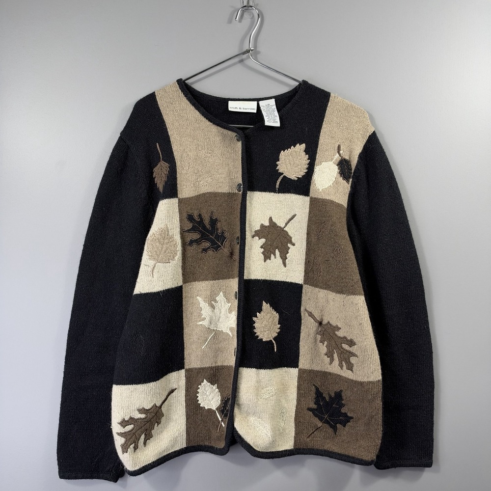 Croft & Barrow Sweater Womens Large Black Fall Leaf Cardigan Embroidered Knit